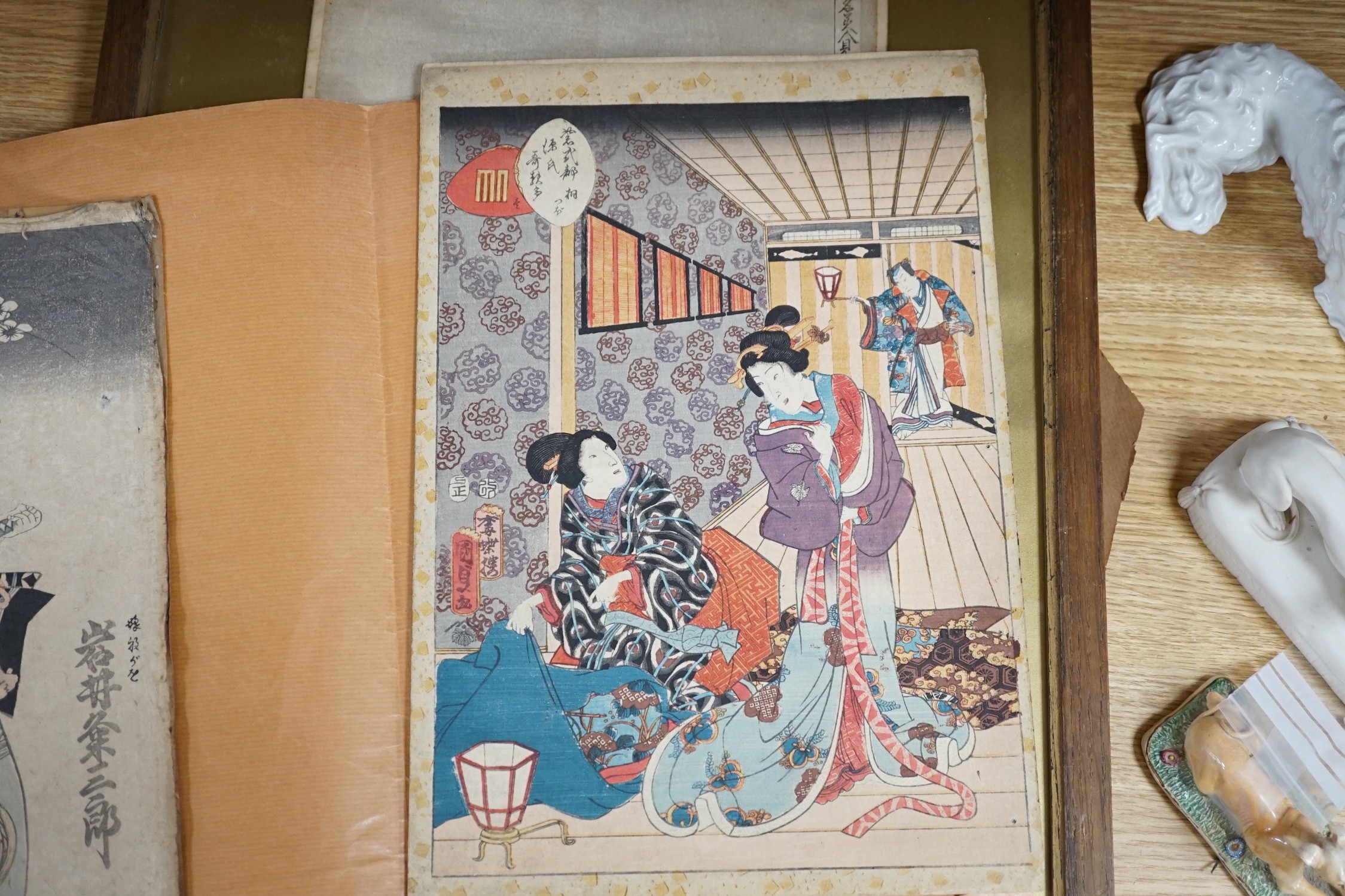 Japanese School, four assorted woodblock prints including Koryusai and Hiroshige, largest 39 x 25cm, four unframed